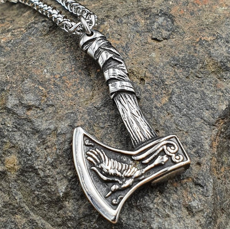 Edelstahl Halskette Odin's Axt Fenris Wolf, Hugin & Munin mit keltischen Knoten - 60 cm