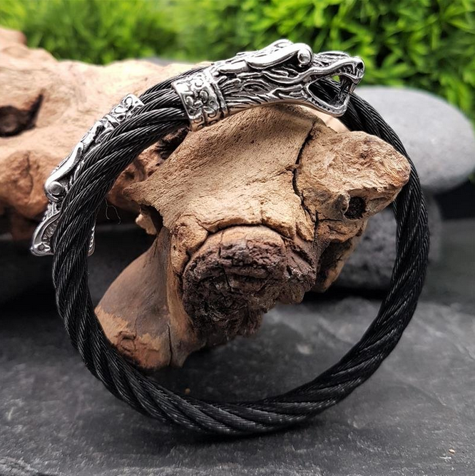 Edelstahl Stahlseil Armband "DROGO" mit Drachenköpfe - flexibel Schwarz