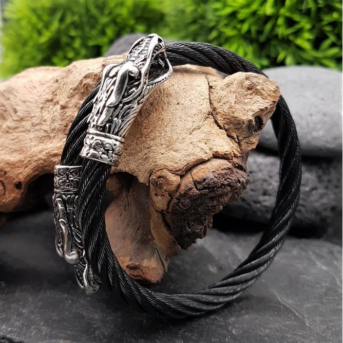 Edelstahl Stahlseil Armband "DROGO" mit Drachenköpfe - flexibel Schwarz