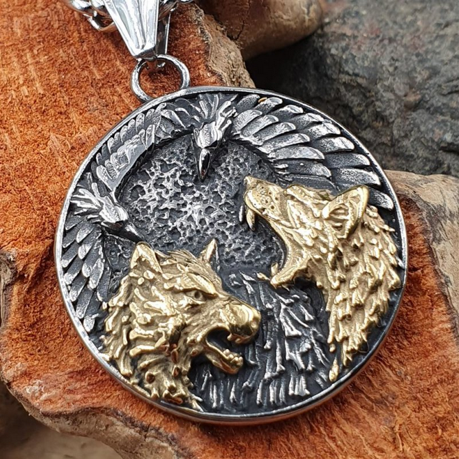 Silber/Gold farbiger Wolf Anhänger und Kette aus Edelstahl - 60 cm