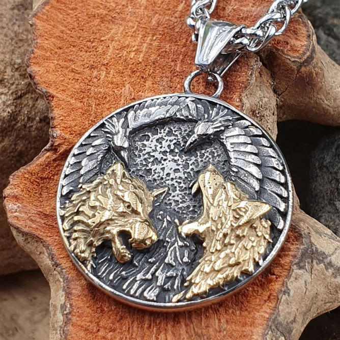 Silber/Gold farbiger Wolf Anhänger und Kette aus Edelstahl - 60 cm