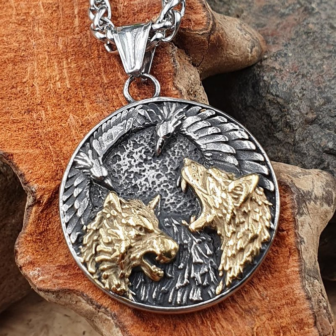 Silber/Gold farbiger Wolf Anhänger und Kette aus Edelstahl - 60 cm